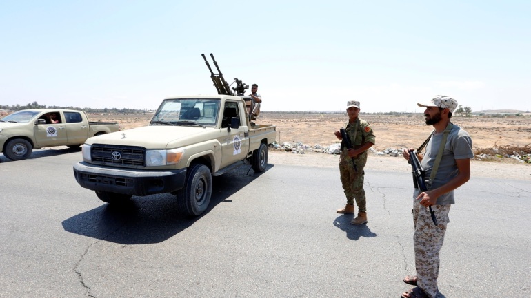 Soldiers are seen at a new checkpoint located near to the Kaam checkpoint after a gun attack in Zliten, east of Tripoli, Libya August 23, 2018. REUTERS/Ismail Zitouny