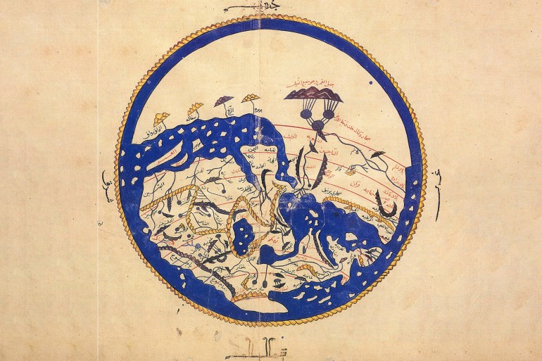 GettyImages-113491810 UNSPECIFIED - CIRCA 1754: Copy made in Cairo in 1456 of the world map prepared by the Arab geographer Muhammad al-Idrisi (1100-1165) for Roger II (1095-1154) King of Sicily from 1130. In this map, North is at the bottom. (Photo by Universal History Archive/Getty Images)