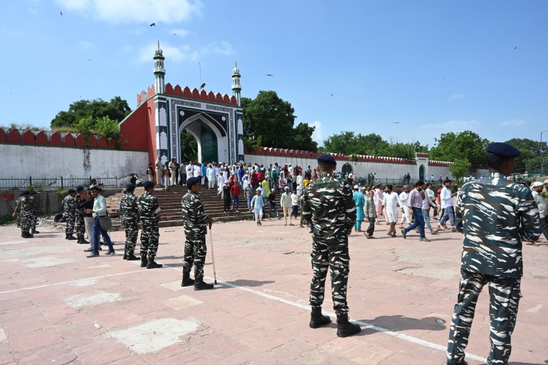 NEW DELHI, INDIA - SEPTEMBER 27: Muslim people leave after offering Friday namaj at Shahi Eidgah, heavy police deployed out side the Shahi Idgah after rumours spread about protest on statue shifting row on September 27, 2024 in New Delhi, India. Recently, the Delhi High Court dismissed a petition seeking to restrain the installation of a statue of Rani of Jhansi at the Shahi Idgah Park near Sadar Bazar, paving the way for the shifting of the iconic monument from the intersection near Jhandewalan temple.(Photo by Sonu Mehta/Hindustan Times via Getty Images)