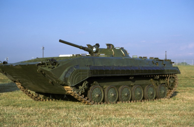 A left front view of a Soviet BMP-1 mechanized infantry vehicle. The vehicle is on display at Bolling Air Force Base.