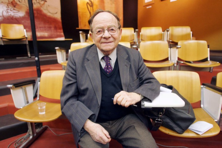 French writer and eminent member of Communist Party Henri Alleg poses for the photographer 08 December 2005 in Toulouse. Henri Alleg, a French communist settler in Algeria, wrote "La Question" (the Question). He was arrested by French paratroopers in June 1957 for editing the "Alger Republican", a left wing daily newspaper, banned by the French colonial government. The torture practiced by French military during the Algerian war was best described by Henri Alleg himself. While detained incommunicado for a month, Alleg was tortured repeatedly. After his imprisonment he returned to France and wrote the book which was banned and all stocks seized two weeks its publication. (Photo by ERIC CABANIS / AFP) (Photo by ERIC CABANIS/AFP via Getty Images)