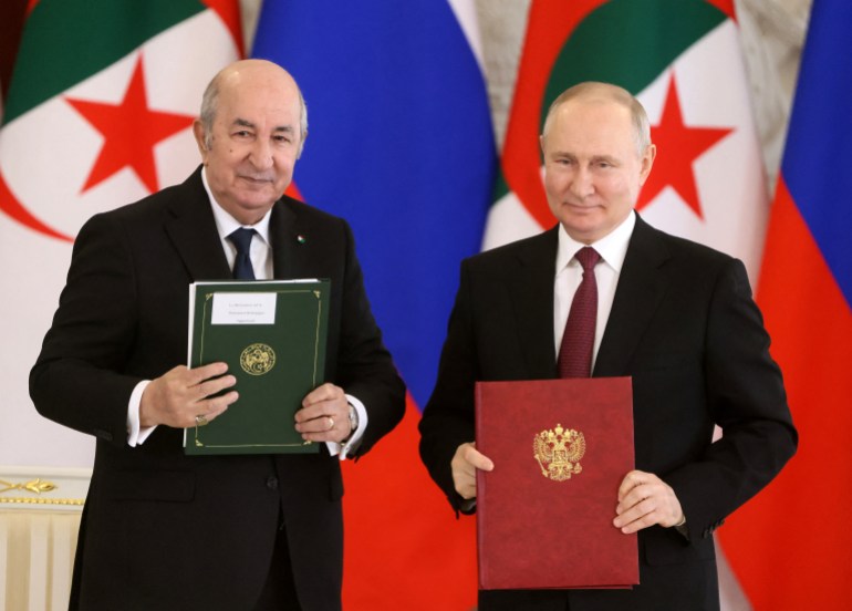 Russian President Vladimir Putin and his Algerian counterpart Abdelmadjid Tebboune attend a signing ceremony following their talks at the Kremlin in Moscow, Russia, June 15, 2023. Sputnik/Mikhail Metzel/Pool via REUTERS ATTENTION EDITORS - THIS IMAGE WAS PROVIDED BY A THIRD PARTY.