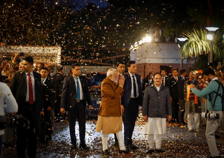 Indian Prime Minister Narendra Modi gestures at the Bharatiya Janata Party (BJP) headquarters as BJP celebrates its win in the Delhi state assembly elections, in New Delhi, India, February 8, 2025. REUTERS/Adnan Abidi