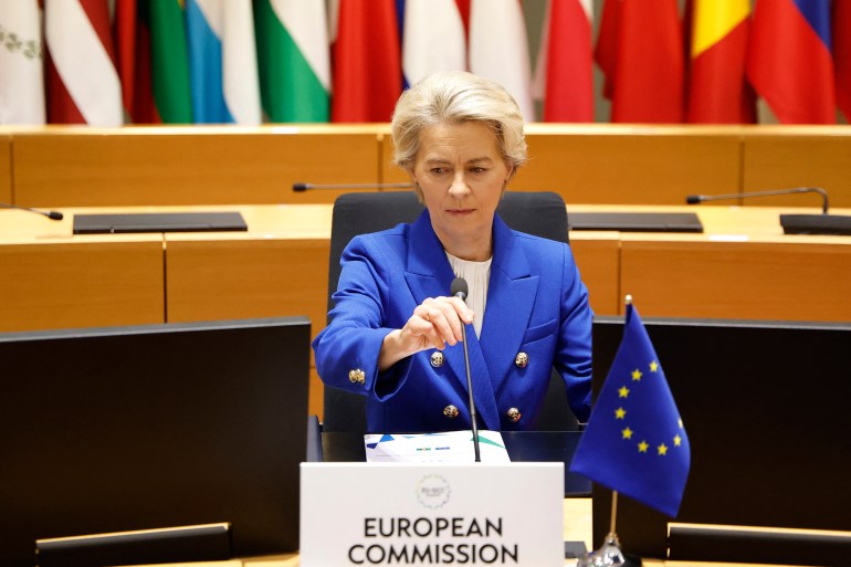 President of the European Commission Ursula von der Leyen attends a EU - Gulf Cooperation Council (GCC) summit in Brussels on October 16, 2024. - Avoiding a "general conflagration" in the Middle East will be top of the agenda when European Union and leaders of countries from the Gulf Cooperation Council (GCC), which brings together Bahrain, Kuwait, Oman, Qatar, Saudi Arabia and the United Arab Emirates, meet in Brussels on October 16, 2024. (Photo by Ludovic MARIN / AFP)