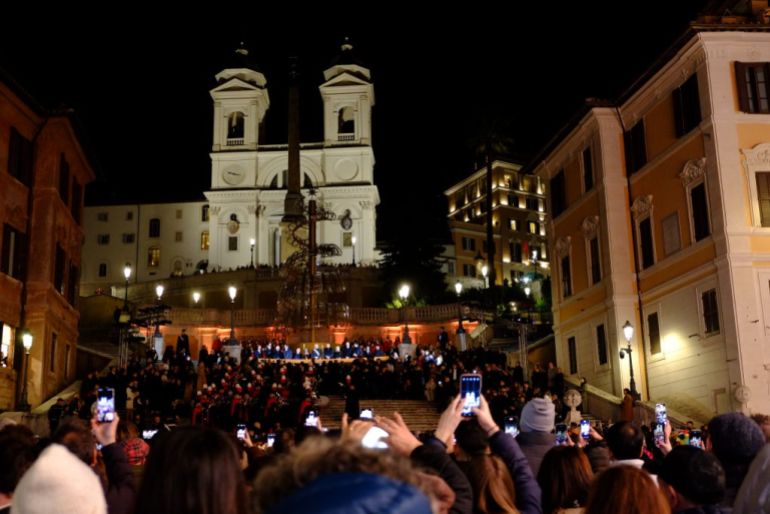 In Rome, Italy, on December 2, 2024, the tree signed Bulgari on the steps of Trinita dei Monti and the lights of Via Condotti are lit. The ribbon cutting is attended by the mayor of Rome, Roberto Gualtieri, the councilor for major events, Alessandro Onorato, the CEO of Bulgari, J.C. Babin, Gianni Letta, and the actors Carolina Crescentini and Alessandro Gassman. (Photo by Andrea Ronchini/NurPhoto via Getty Images)