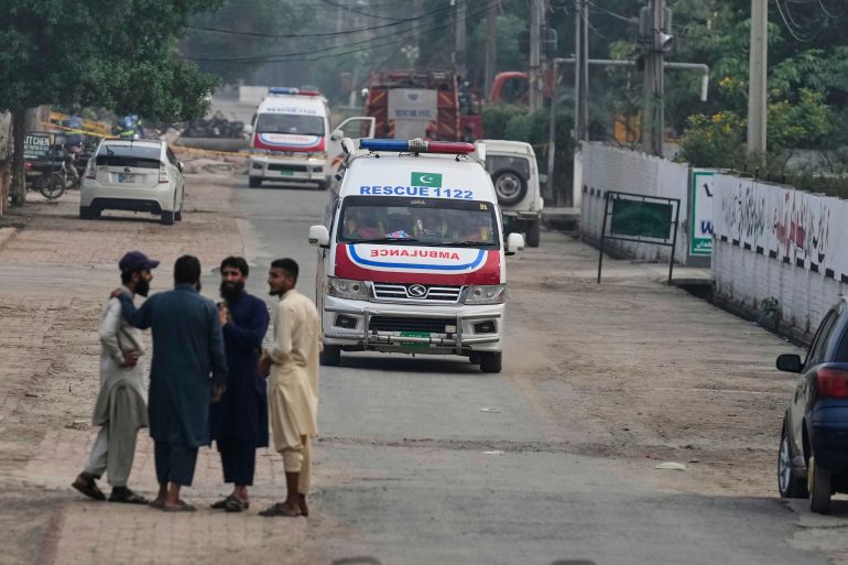 Ambulances leave from a complex located near the site of a suspected Indian missile attack, in Muridke, a town in Pakistan's Punjab province, Wednesday, May 7, 2025. (AP Photo/K.M. Chaudary)