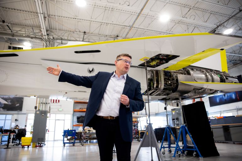 Blake Scholl, the founder and CEO of Boom talks about the XB-1 demonstrator aircraft that Boom Supersonic is manufacturing in Centennial, Colorado, U.S., August 13, 2021. Picture taken August 13, 2021. REUTERS/Alyson McClaran REFILE - CORRECTING INFORMATION